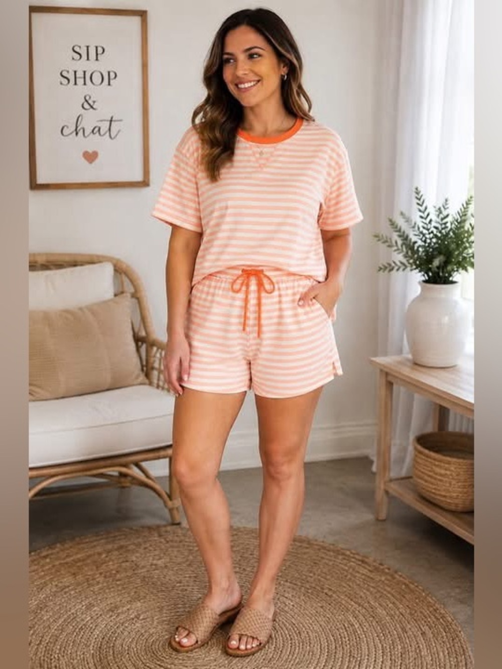 #37: NWT Peach & Cream Striped Two-Piece Shorts Set